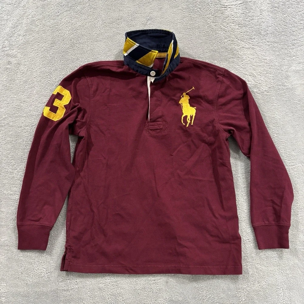 Polo Ralph Lauren Polo Rugby Shirt Long Sleeve Youth XL Burgundy Yellow Vtg Y2K